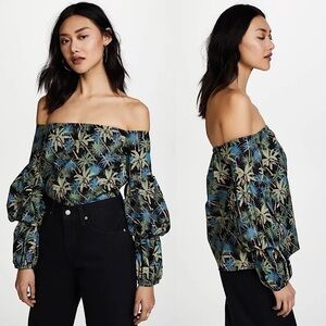 NWT PETERSYN‎ 70s Off Shoulder Boho Dark Palm Puff Long Poet Sleeve Cotton Top S